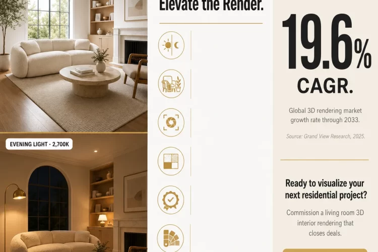 Residential Living Room 3D Interior Rendering: Lighting, Furniture, and Style